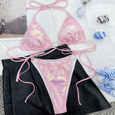 Metallic Gingham Heart Trim Slide Triangle Brazilian Two Piece Bikini Swimsuit